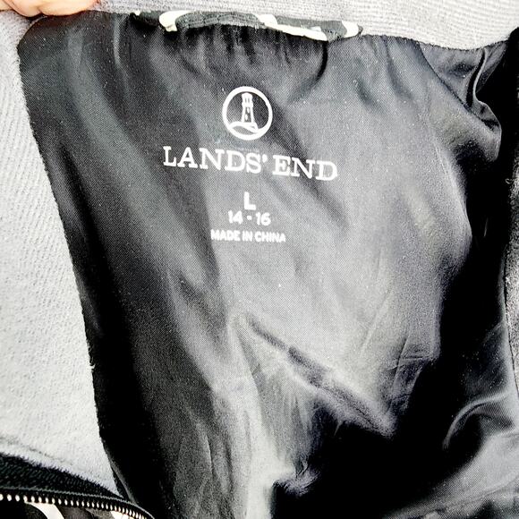 Lands End Black & White Geometric Print Women's Down Puffer Vest Zipper Front L - Picture 2 of 11